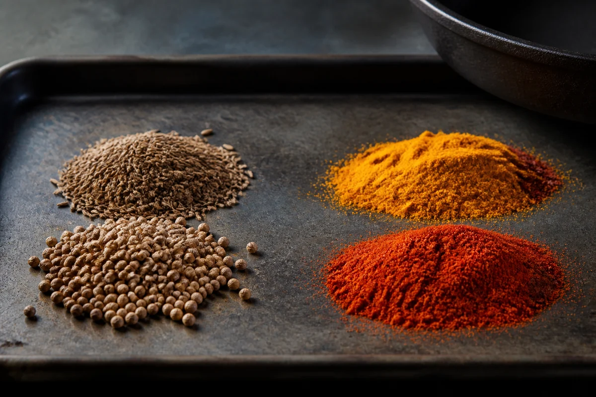 Whole cumin and coriander seeds beside fine turmeric and paprika powders on a dark steel tray