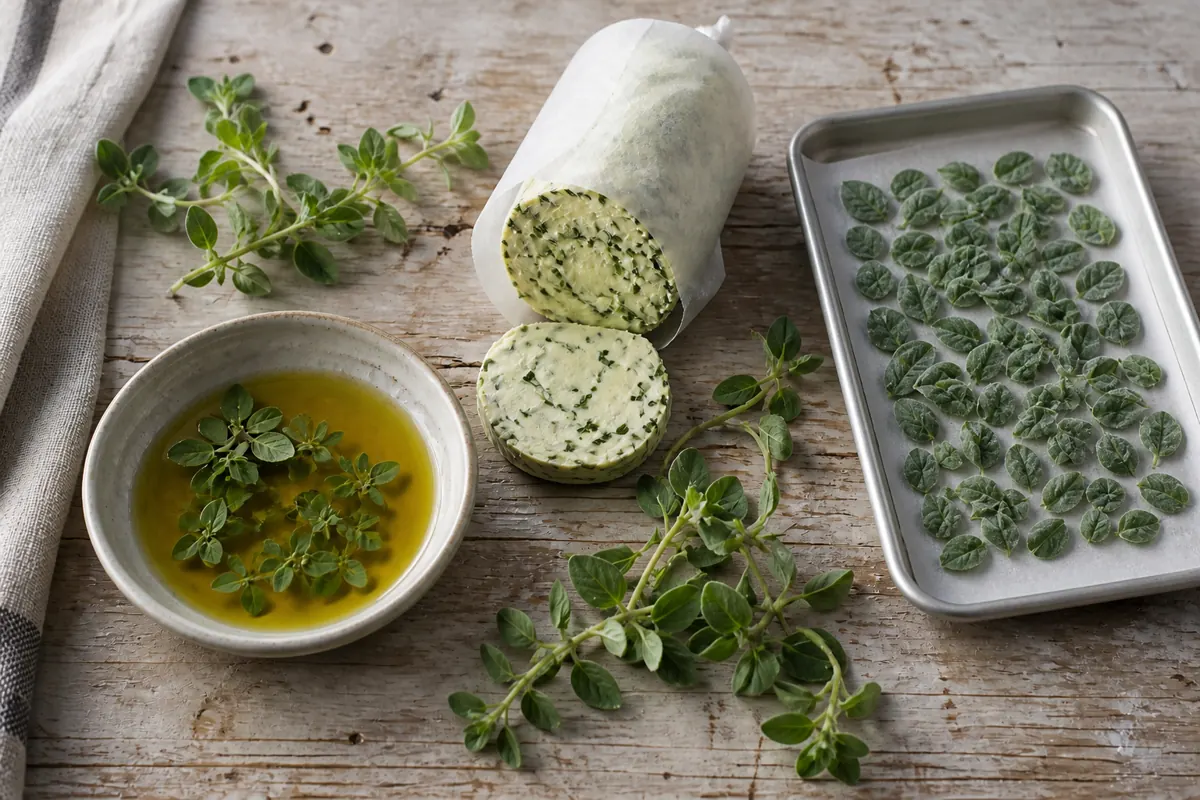 Marjoram preserved as herb butter, refrigerated oil, and individually frozen leaves - preserving fresh marjoram | KnowTheSpices