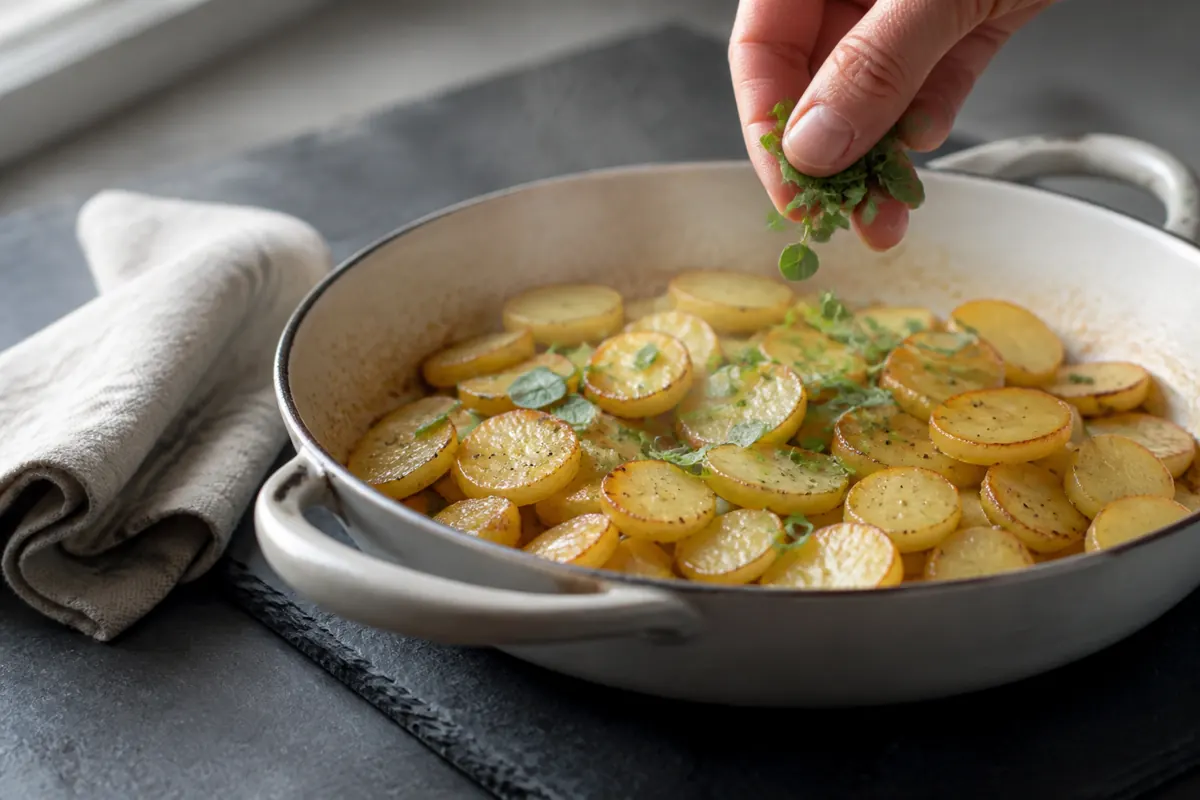 Fresh marjoram being scattered over buttered potatoes after the pan has left the heat - marjoram timing | KnowTheSpices