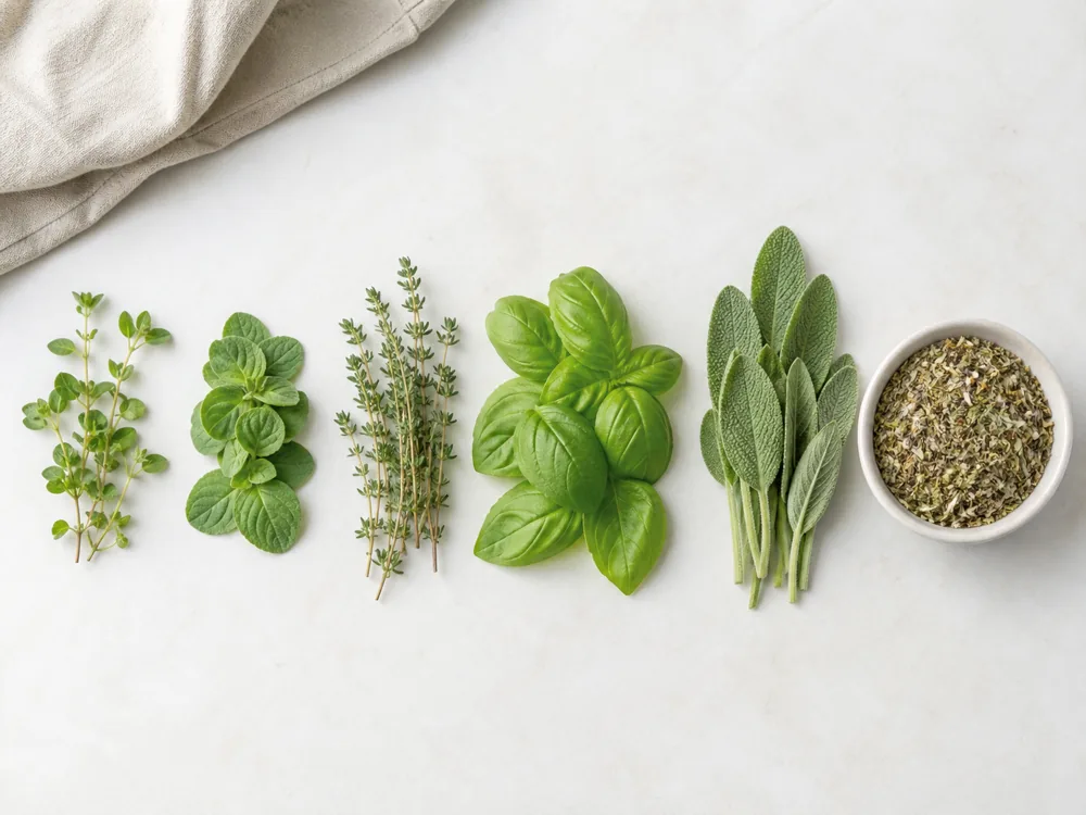 Oregano, thyme, sage, herbes de Provence, and basil in measured portions - marjoram substitutes | KnowTheSpices