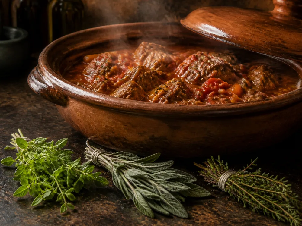 Thyme, sage, and oregano measured beside sausage filling and a bean pot - marjoram substitutes for sausage and braises | KnowTheSpices
