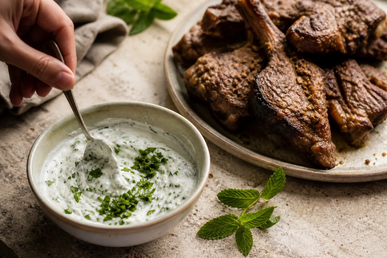 Fresh spearmint stirred into a bowl of yogurt sauce set beside spiced lamb on a warm stone surface