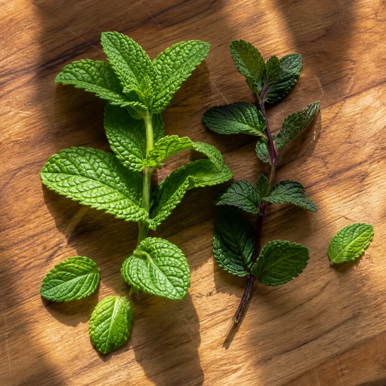 A bright green crinkled spearmint sprig beside a darker peppermint sprig with a purple stem on a wood cutting board