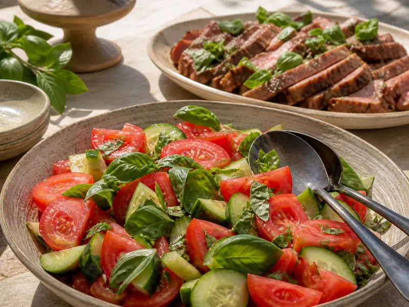 Torn basil leaves folded into tomato-cucumber salad beside grilled lamb