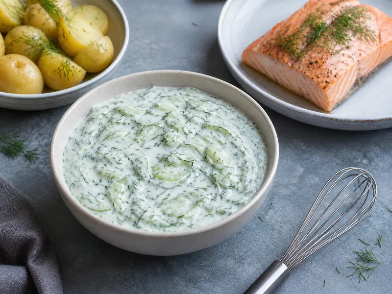 Fine dill fronds distributed through cucumber yogurt beside cooked salmon and potatoes