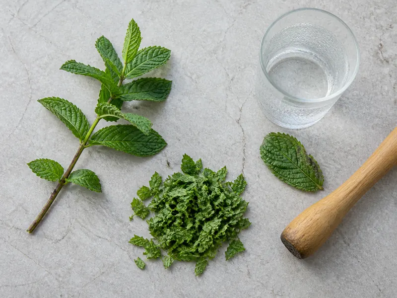 Fresh mint sprigs, a bruised leaf, chopped green leaves, and a cool drink arranged with a muddler