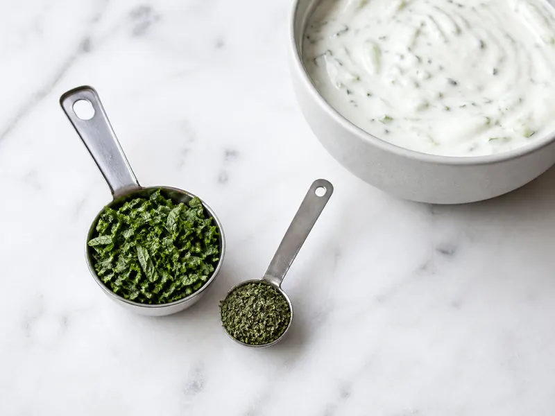 One tablespoon of chopped fresh mint beside one teaspoon of rubbed dried mint and a bowl of yogurt sauce