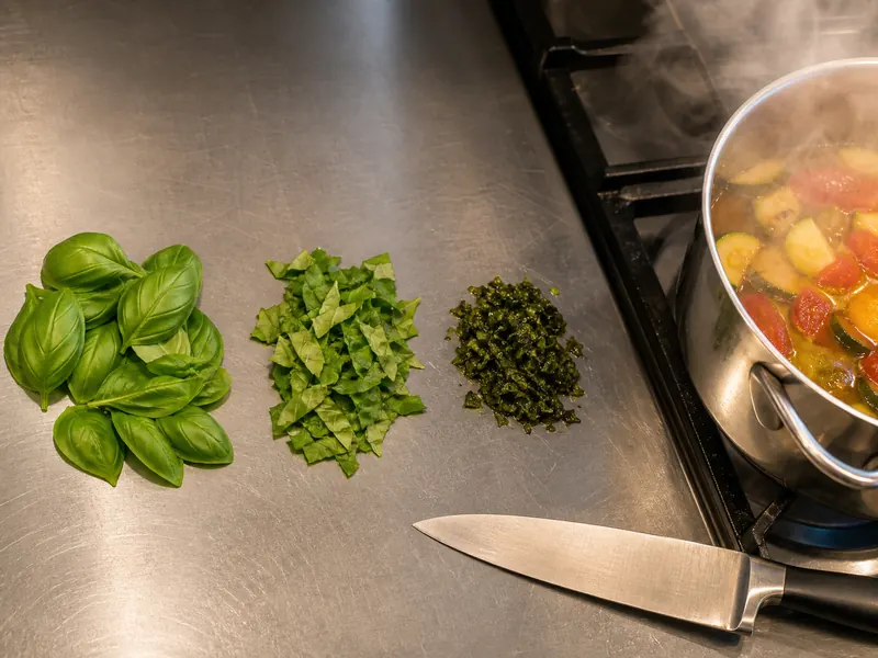 Whole tender herb leaves, coarsely torn leaves, and bruised dark chopped leaves beside a finished pot