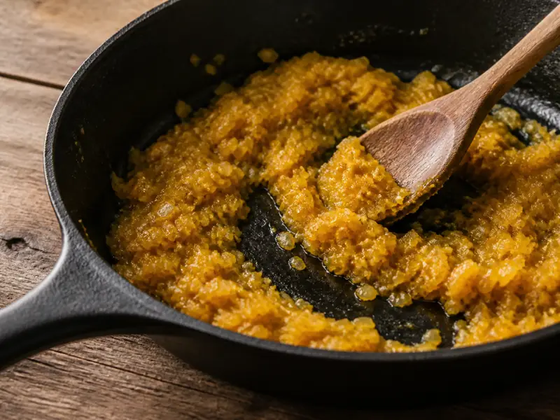 Deep-gold chopped onion reduced to a cohesive paste in a dark skillet - misir wat onion base | KnowTheSpices