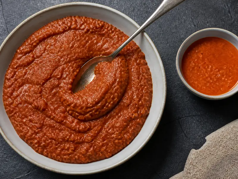 Thick misir wat holding a shallow spoon trench beside a looser lentil sample - misir wat texture | KnowTheSpices