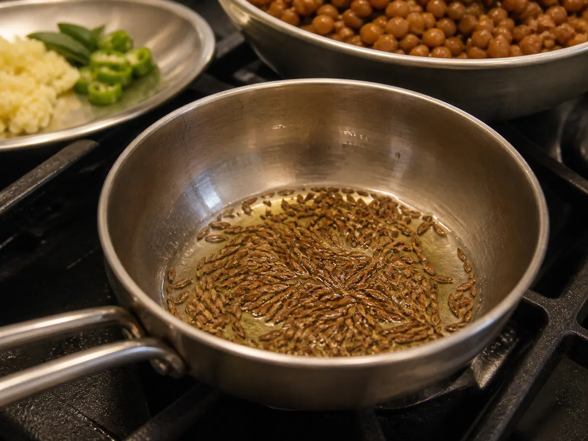 Cumin seeds darkening slightly in a thin layer of hot oil - mustard seed substitutes | KnowTheSpices