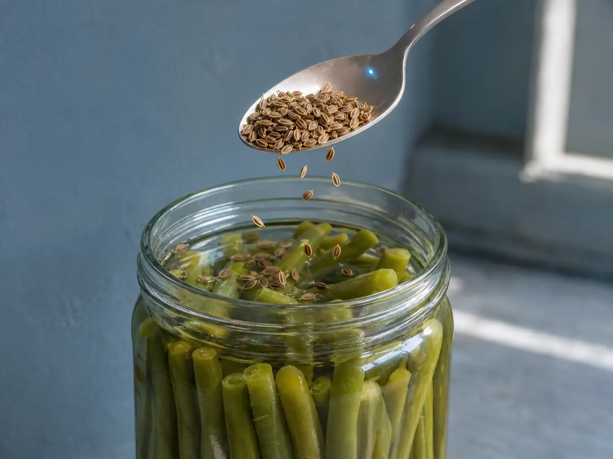 Intact dill seeds added to clear green-bean pickle brine - mustard seed substitutes | KnowTheSpices