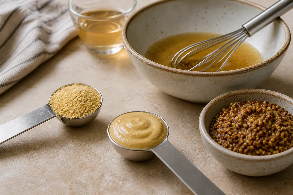Measured mustard powder, smooth prepared mustard, and whole-grain mustard beside a sauce bowl - mustard seed form substitutes | KnowTheSpices