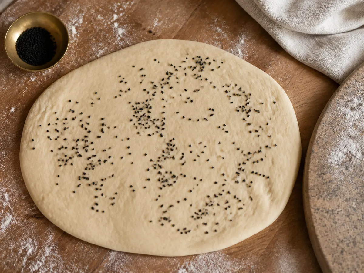 Black nigella seeds scattered across pale flatbread dough - mustard seed substitutes | KnowTheSpices