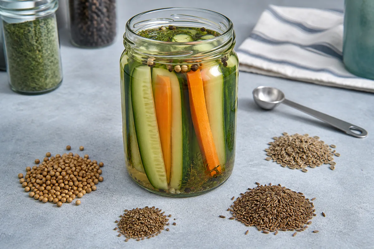 Pickle jar with coriander and dill seed choices around it - mustard seed substitutes for pickling | KnowTheSpices