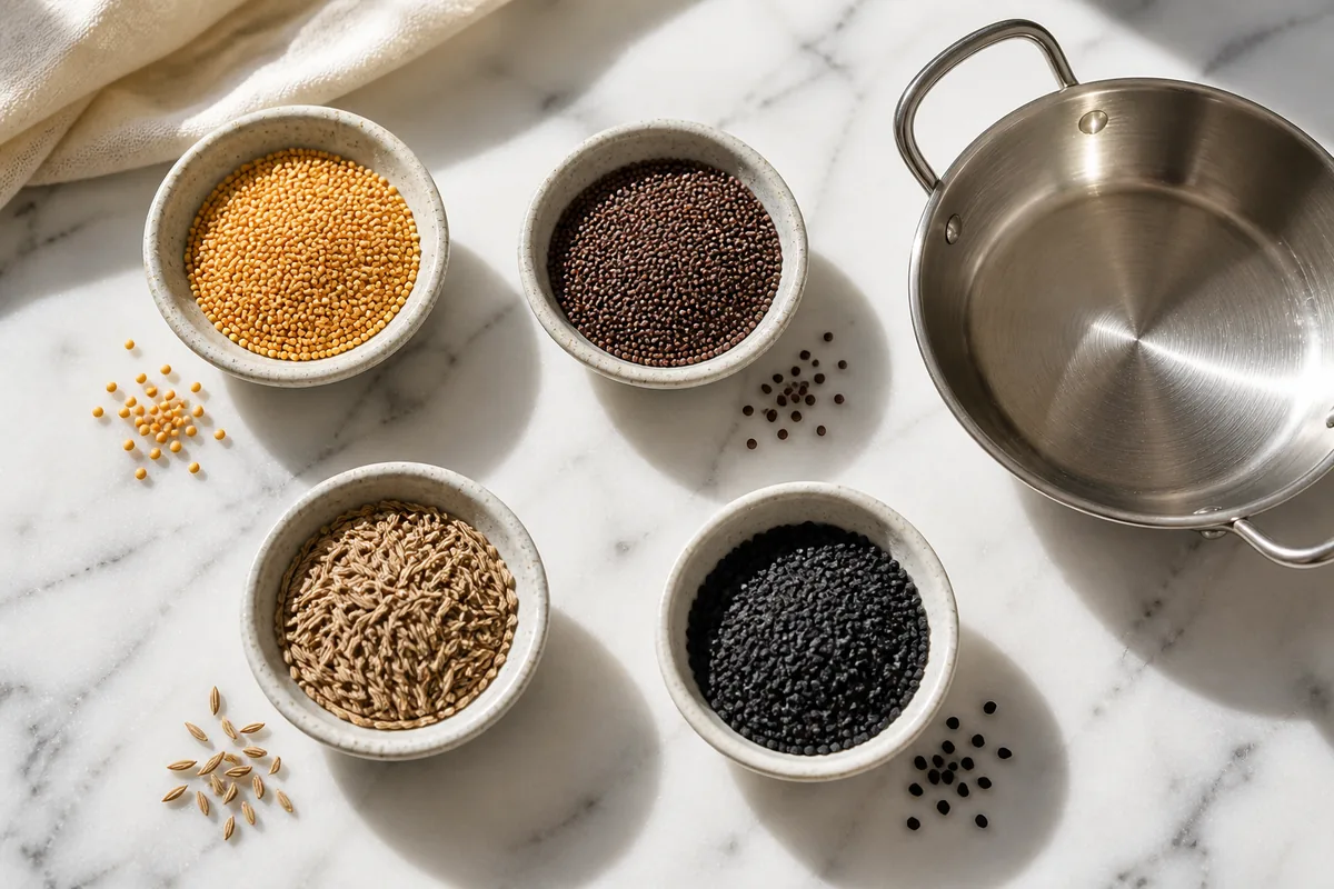 Yellow and brown mustard seed, cumin, and nigella beside a steel tempering pan - mustard seed tempering substitutes | KnowTheSpices