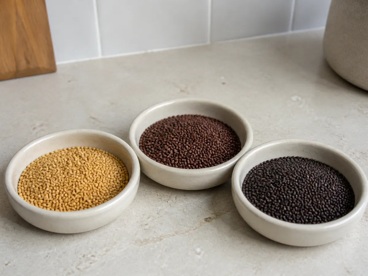 Equal measures of yellow, brown, and black mustard seeds - mustard seed substitutes | KnowTheSpices