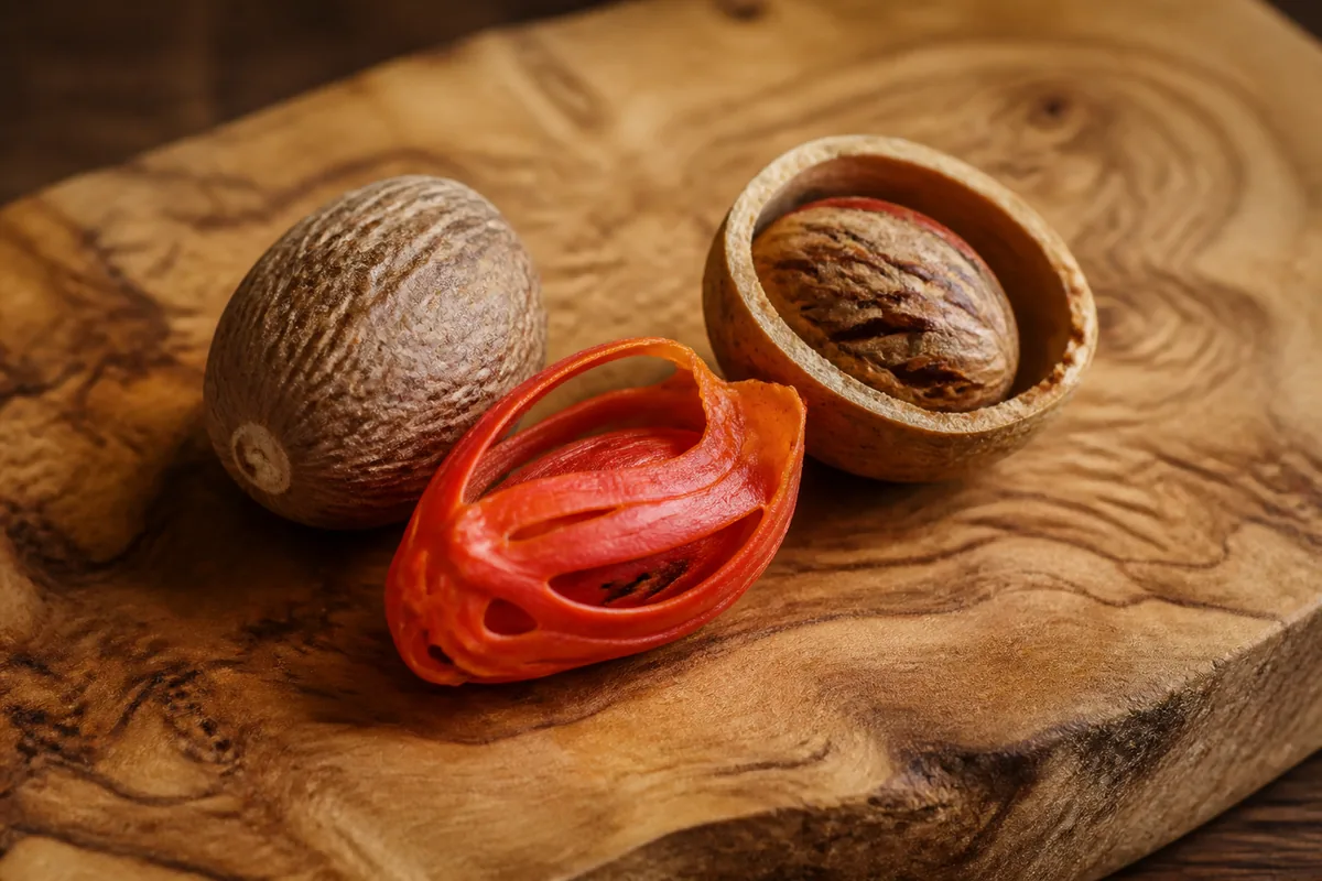 A whole brown nutmeg seed beside a bright red lacy blade of mace, and a fruit half showing the seed still wrapped in its mace