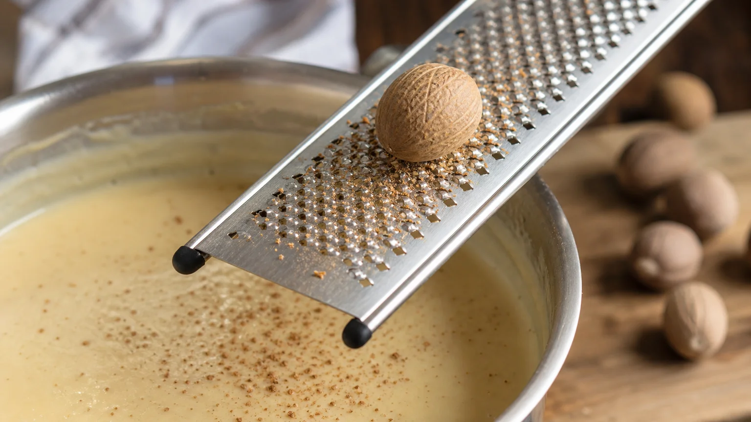 Whole nutmeg on a microplane above a pale custard with a light dusting of fresh nutmeg