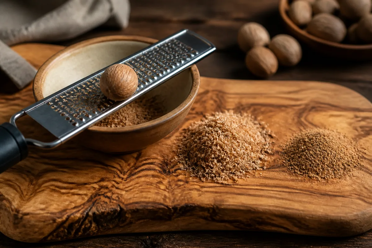 A whole nutmeg being grated on a small microplane over a bowl, with a fluffy pile of freshly grated nutmeg beside a duller heap of pre-ground powder