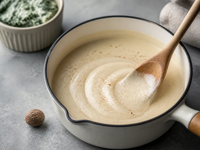 A light dusting of nutmeg stirred through pale bechamel beside creamed spinach - savory nutmeg dose | KnowTheSpices