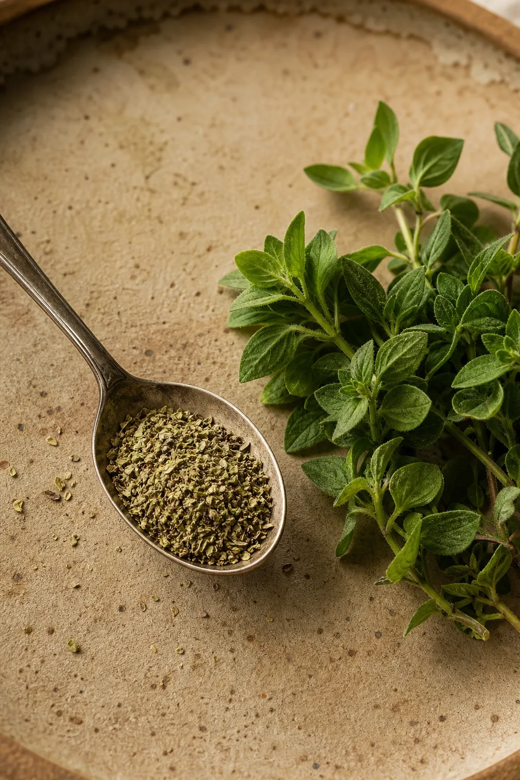 A spoon of crushed dried oregano beside a small bunch of fresh oregano sprigs on a warm ceramic surface