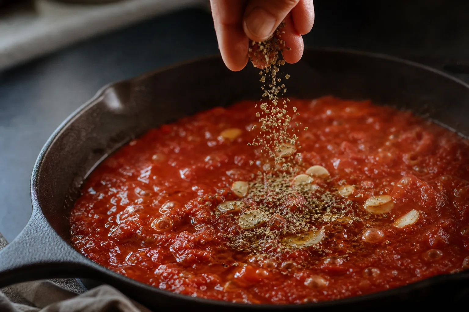 Dried oregano being stirred into a pan of simmering tomato sauce with garlic and olive oil