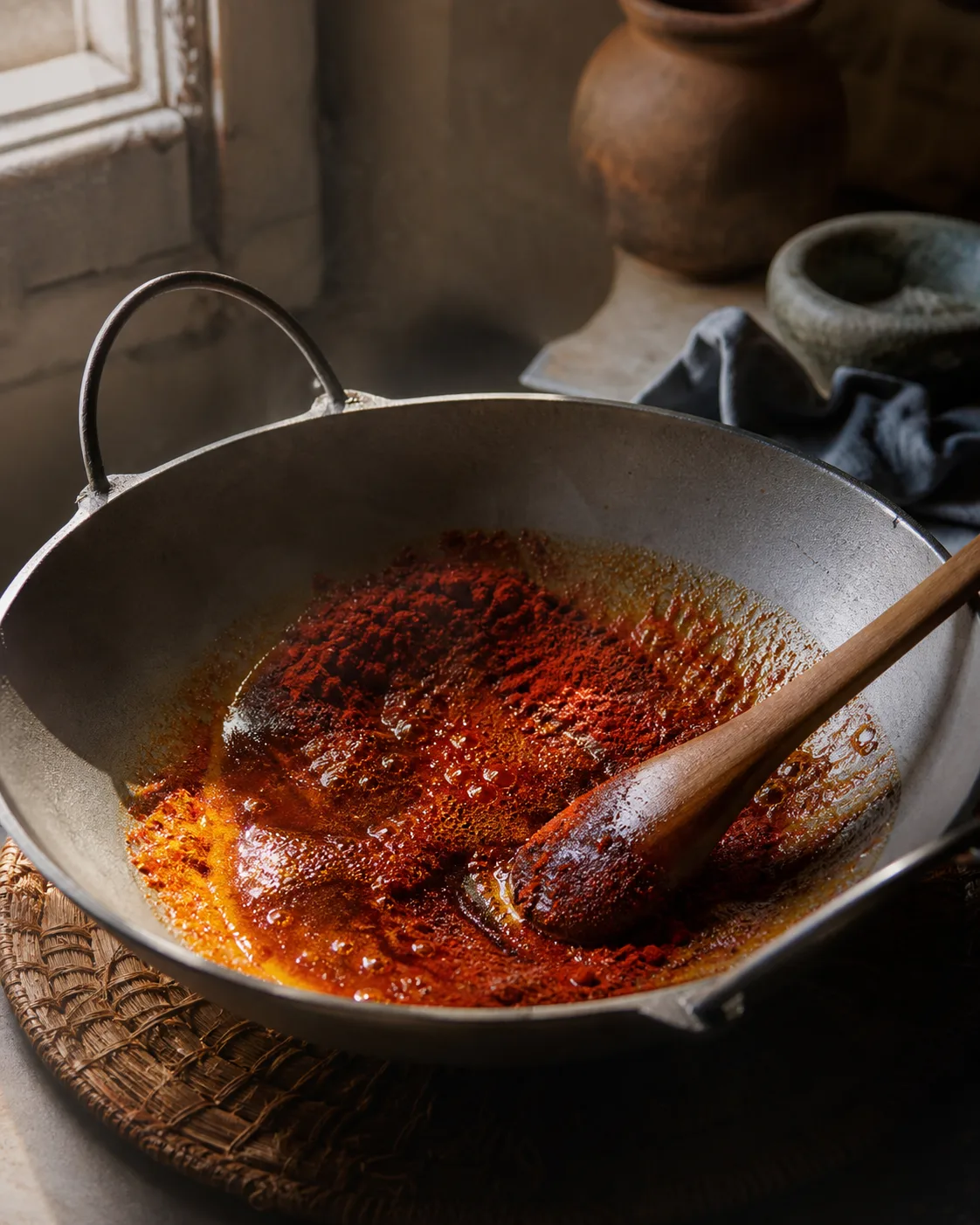 Paprika being stirred into warm oil in a pan off the burner, turning the oil deep red