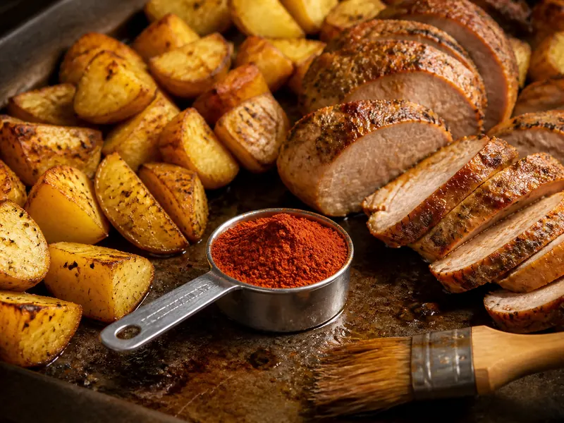 A measured spoon of smoked paprika between roasted potatoes and sliced pork on a dark tray