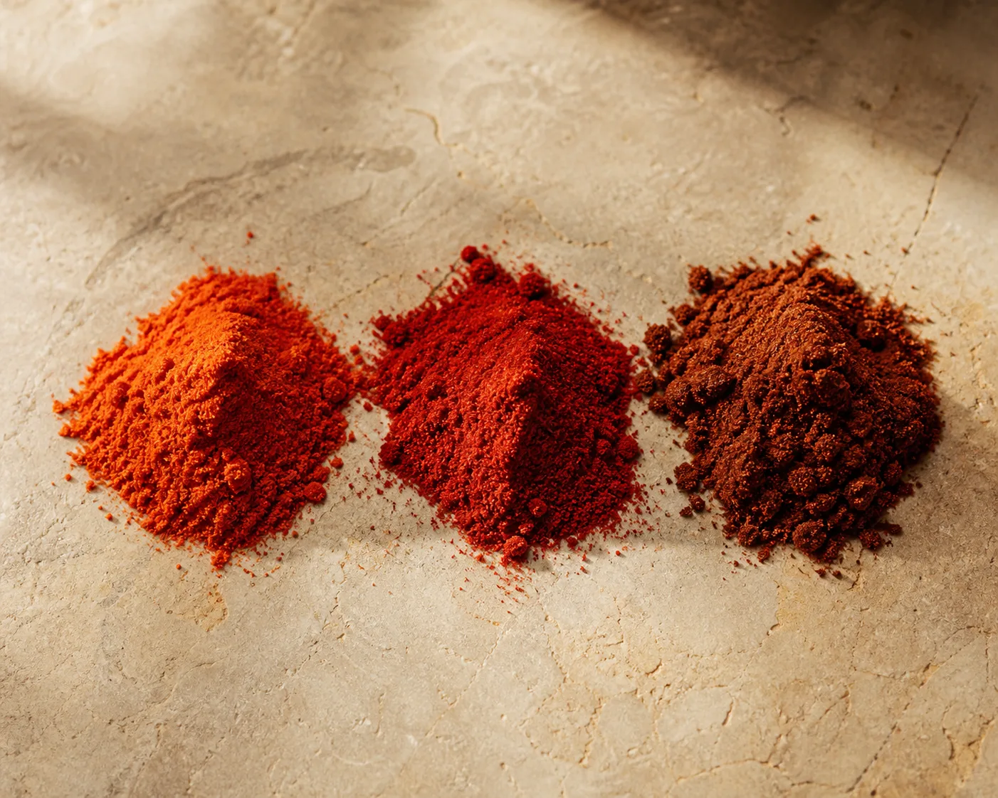 Three small piles of sweet, hot, and smoked paprika powder side by side on a warm surface