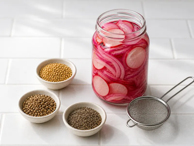 Mustard, coriander, and dill seeds beside a jar of pink radish and onion quick pickles