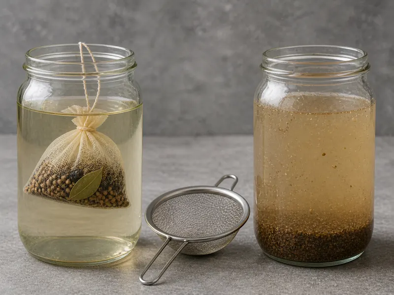 Clear brine with a muslin spice sachet beside cloudy brine containing ground spice sediment