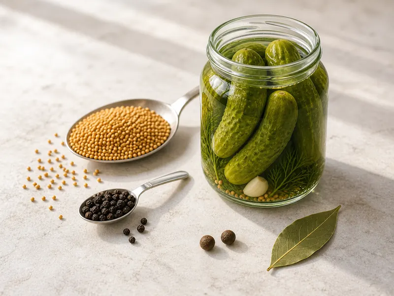 Measured mustard seed, black peppercorns, bay leaf, and allspice beside a clear cucumber pickle jar