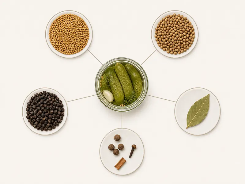 Instructional diagram grouping whole pickling spices by pungency, brightness, heat, warmth, and long aroma