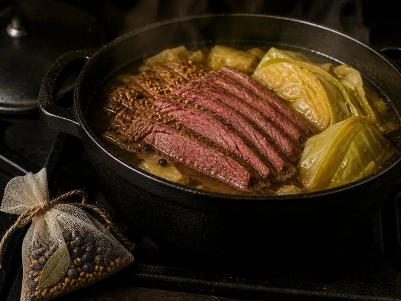 Juniper berries, peppercorns, mustard seed, and bay in a tied sachet beside corned beef