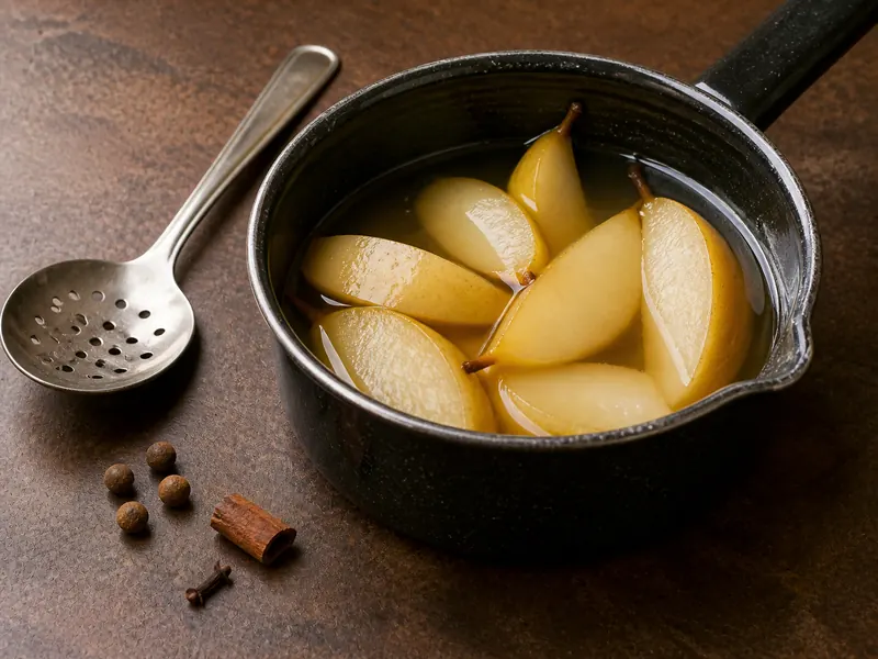 Two allspice berries, one clove, and cinnamon beside pear wedges in warm pickling syrup