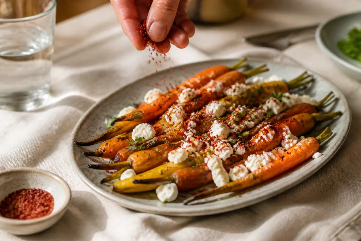 Aleppo pepper flakes finishing goat cheese and roasted carrots - pink peppercorn substitutes | KnowTheSpices