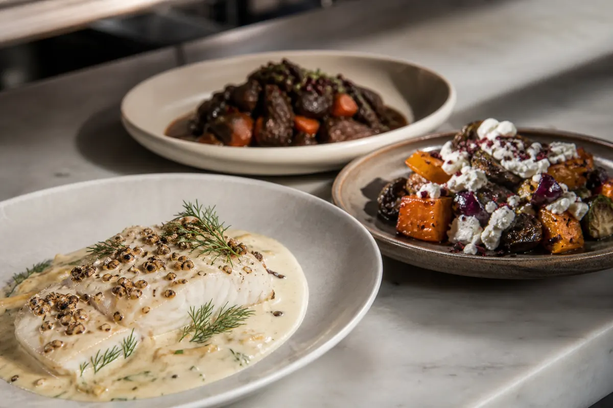 Pale sauce, bright cheese garnish, and dark braise showing different substitute choices - pink peppercorn substitutes | KnowTheSpices