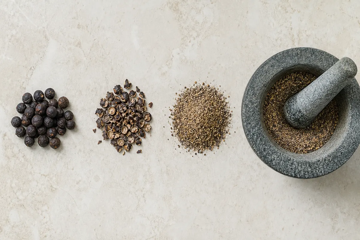 Whole, cracked, and ground substitute spices in three measured portions - pink peppercorn substitutes | KnowTheSpices
