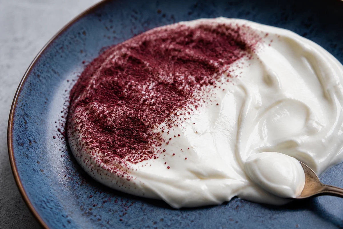 Burgundy sumac dusted over white labneh beside an undusted spoonful - pink peppercorn substitutes | KnowTheSpices