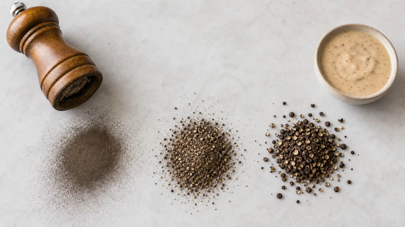 Pepper mill with fine pepper dust, medium ground pepper, coarse cracked pepper, and sauce