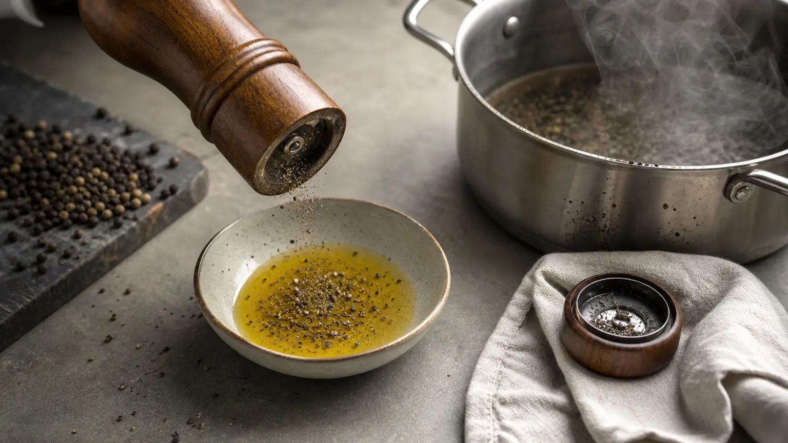 Pepper mill held low over oil with a steaming pot and clean mill cap nearby