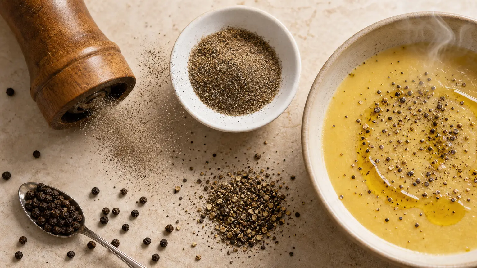 Black pepper mill creating fine pepper dust above a plate with coarse pepper and moist food nearby