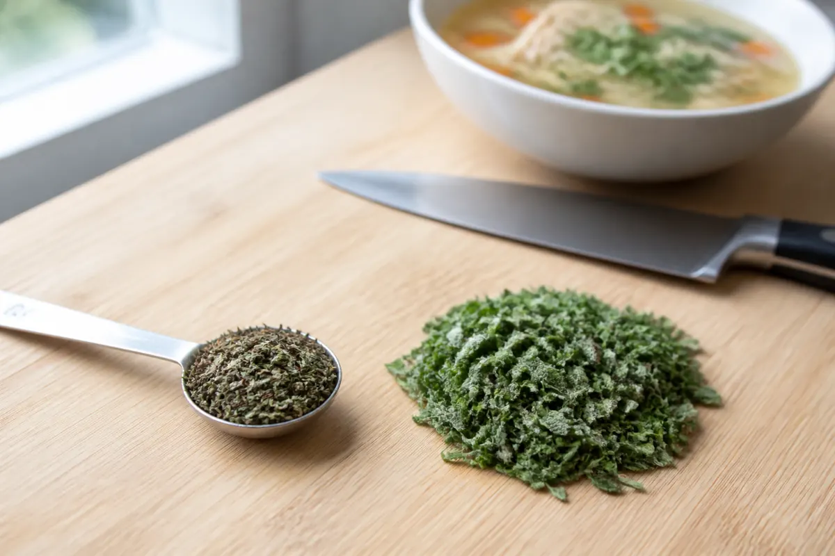 One teaspoon dried herbs beside one tablespoon chopped fresh herbs - poultry seasoning substitutes | KnowTheSpices