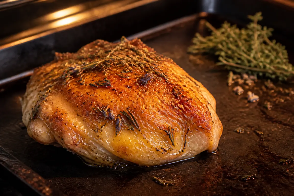 Herbes de Provence forming a light herb crust on roasted chicken thigh - poultry seasoning substitutes | KnowTheSpices