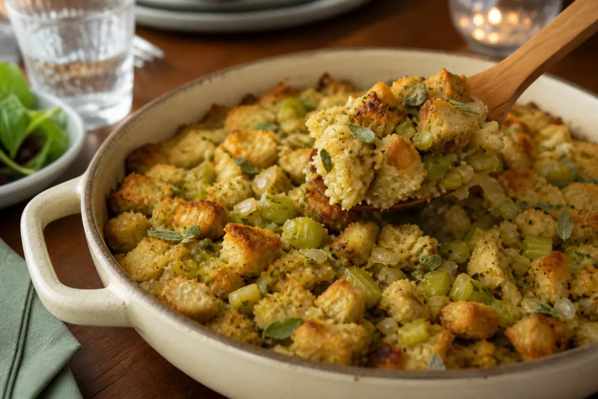 Marjoram distributed through moist bread stuffing with celery and onion - poultry seasoning substitutes | KnowTheSpices