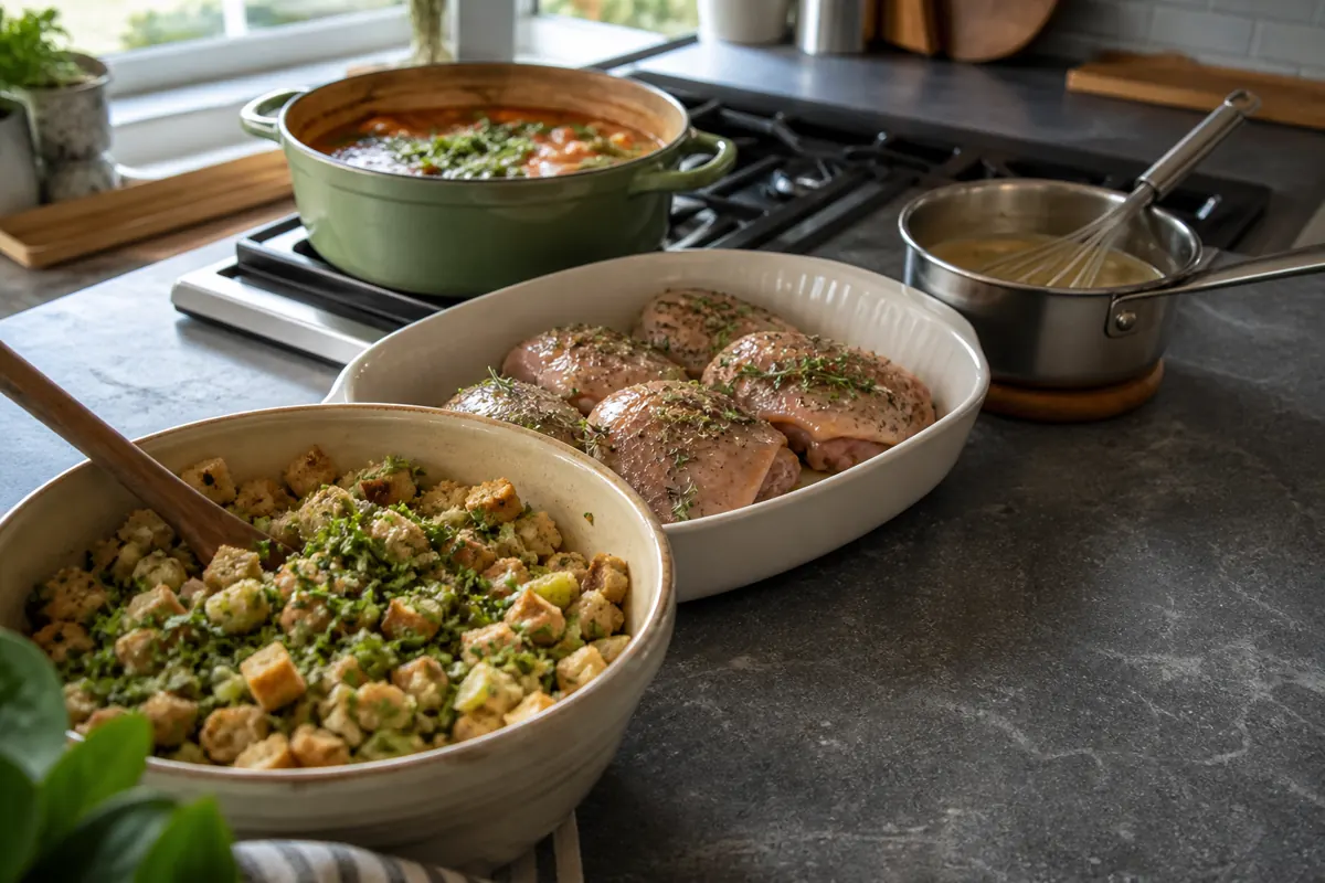 Stuffing, chicken skin, soup, and gravy at their herb addition stages - poultry seasoning substitutes | KnowTheSpices