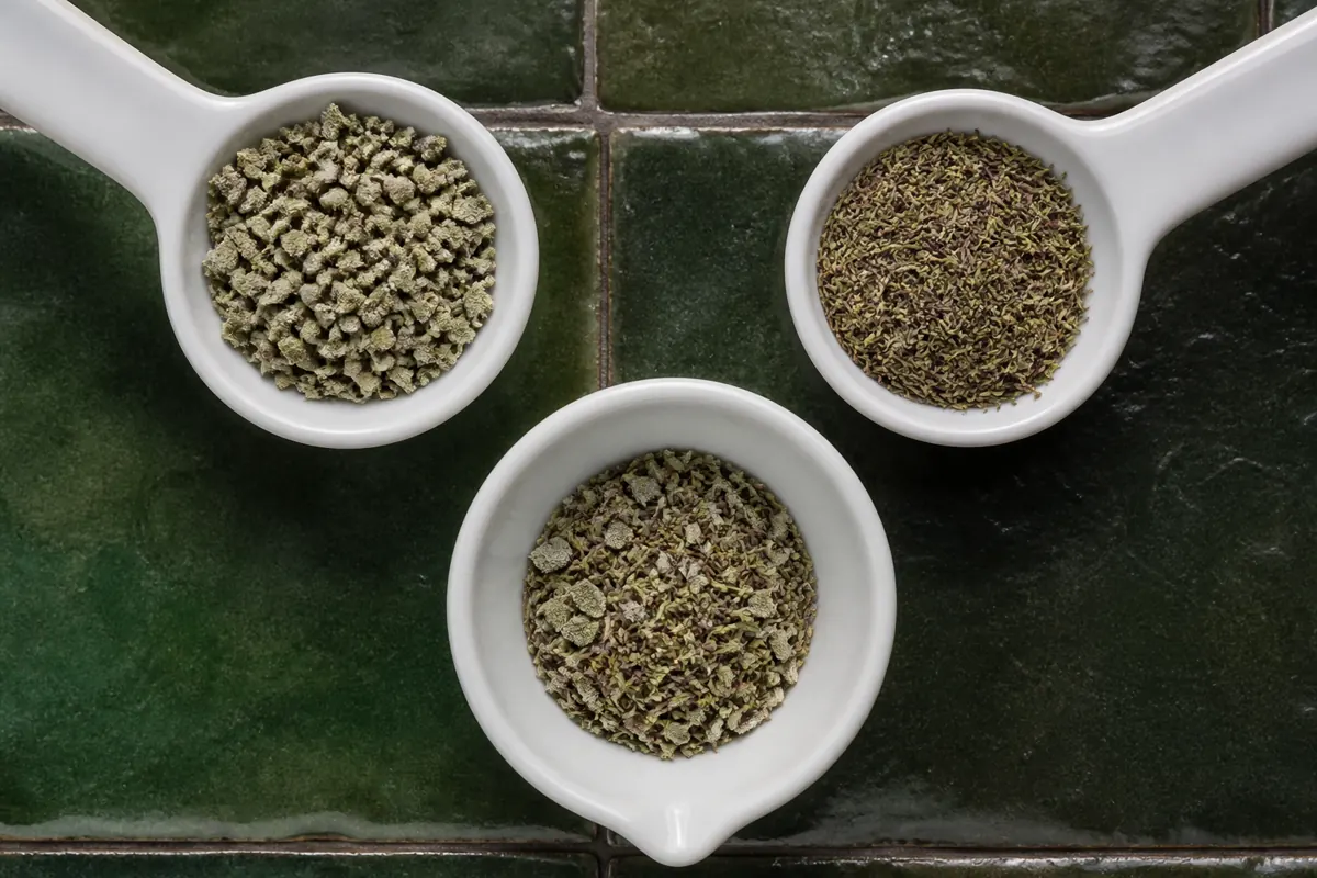 Equal half-teaspoon portions of sage and thyme mixed for poultry seasoning - poultry seasoning substitutes | KnowTheSpices