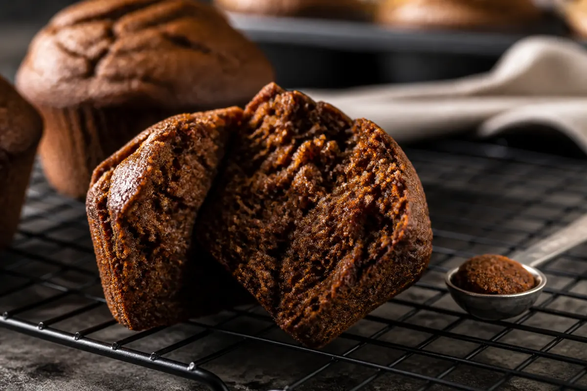 Allspice visible in the dark crumb of a pumpkin molasses muffin - pumpkin pie spice substitutes | KnowTheSpices