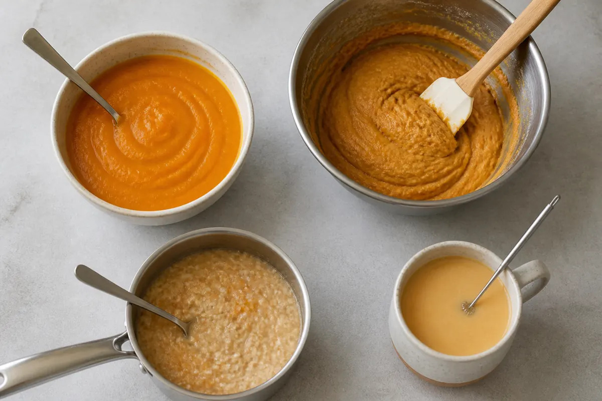 Pumpkin pie filling, cake batter, oatmeal, and a milk drink shown before cooking - pumpkin pie spice substitutes | KnowTheSpices